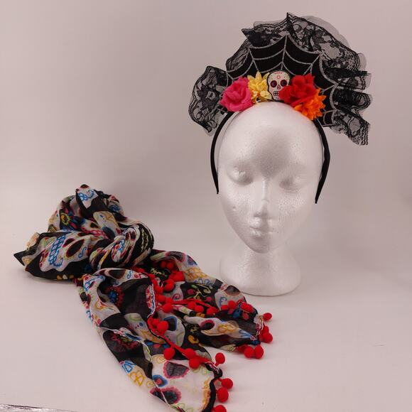 Day of the Dead Sugar Skull Head Band Dia De Los Muertos Scarf Cosplay - Picture 1 of 8